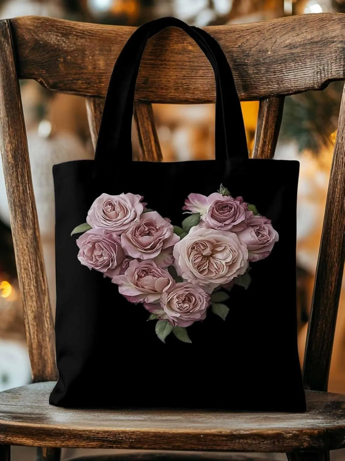 Canvas Tote Bag, Valentine's Day Pink Roses Aesthetic Canvas Tote Handbags for Women Shoulder Bag