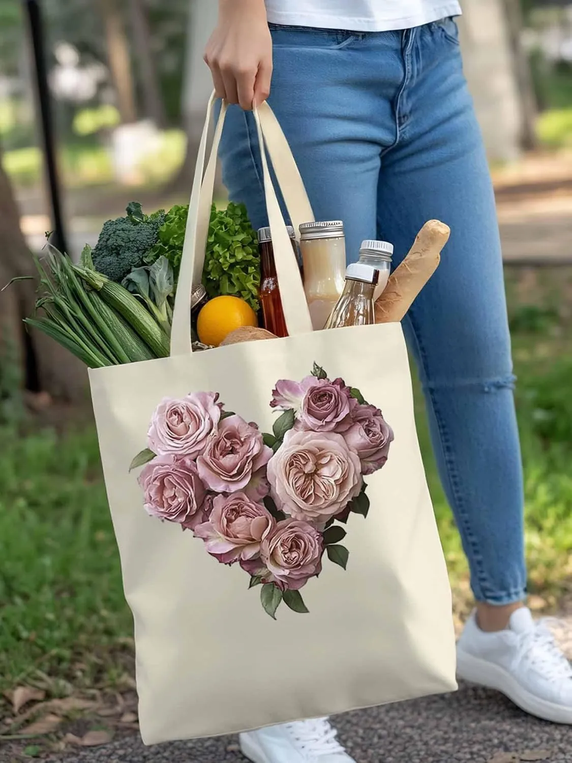 Canvas Tote Bag, Valentine's Day Pink Roses Aesthetic Canvas Tote Handbags for Women Shoulder Bag