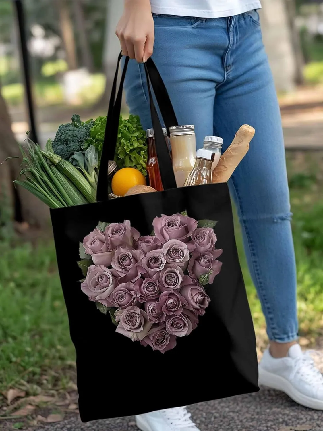 Canvas Tote Bag, Valentine's Day Roses Flowers Aesthetic Canvas Tote Handbags for Women Shoulder Bag