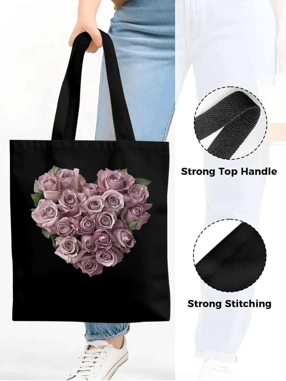 Canvas Tote Bag, Valentine's Day Roses Flowers Aesthetic Canvas Tote Handbags for Women Shoulder Bag