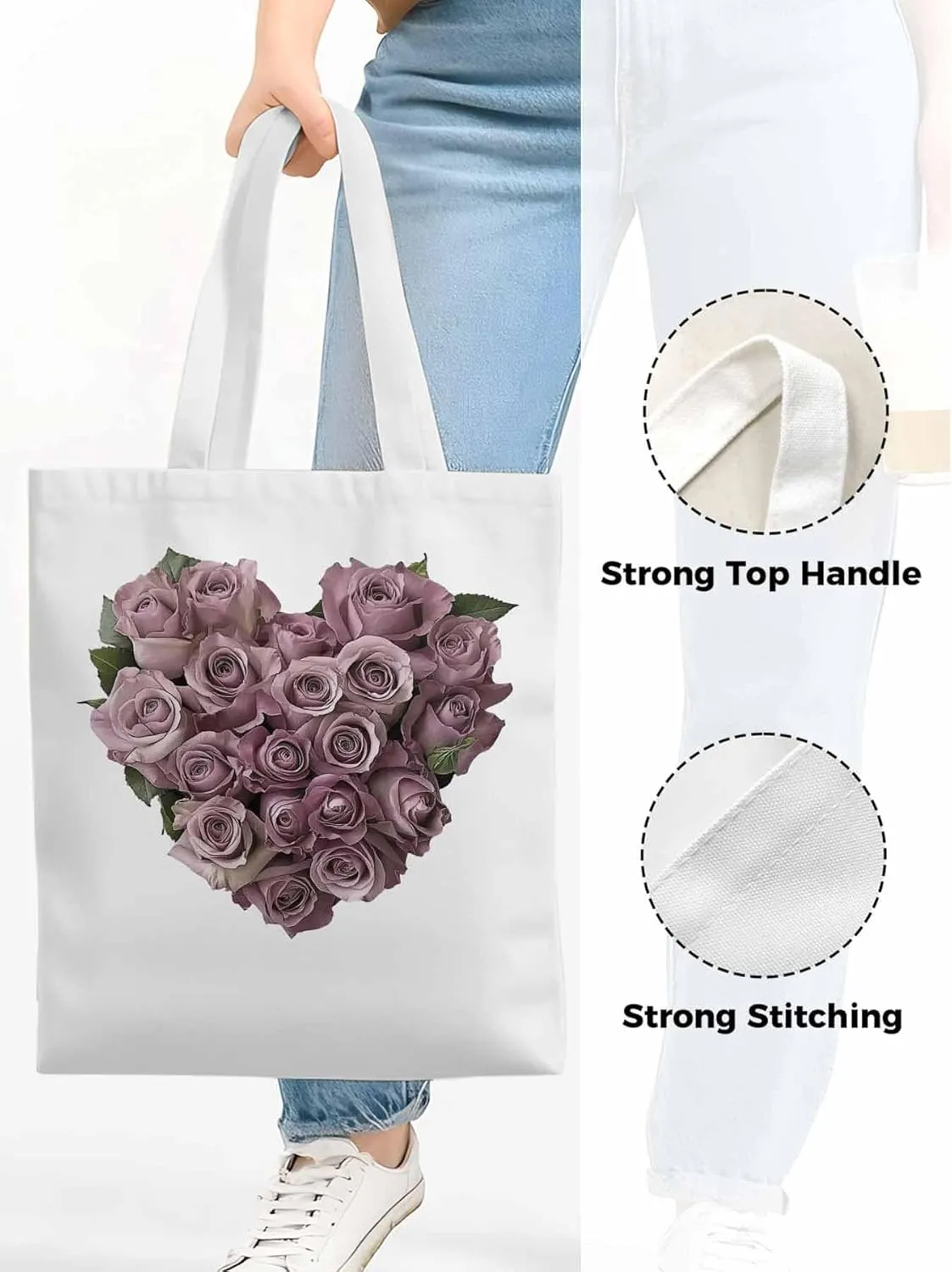 Canvas Tote Bag, Valentine's Day Roses Flowers Aesthetic Canvas Tote Handbags for Women Shoulder Bag