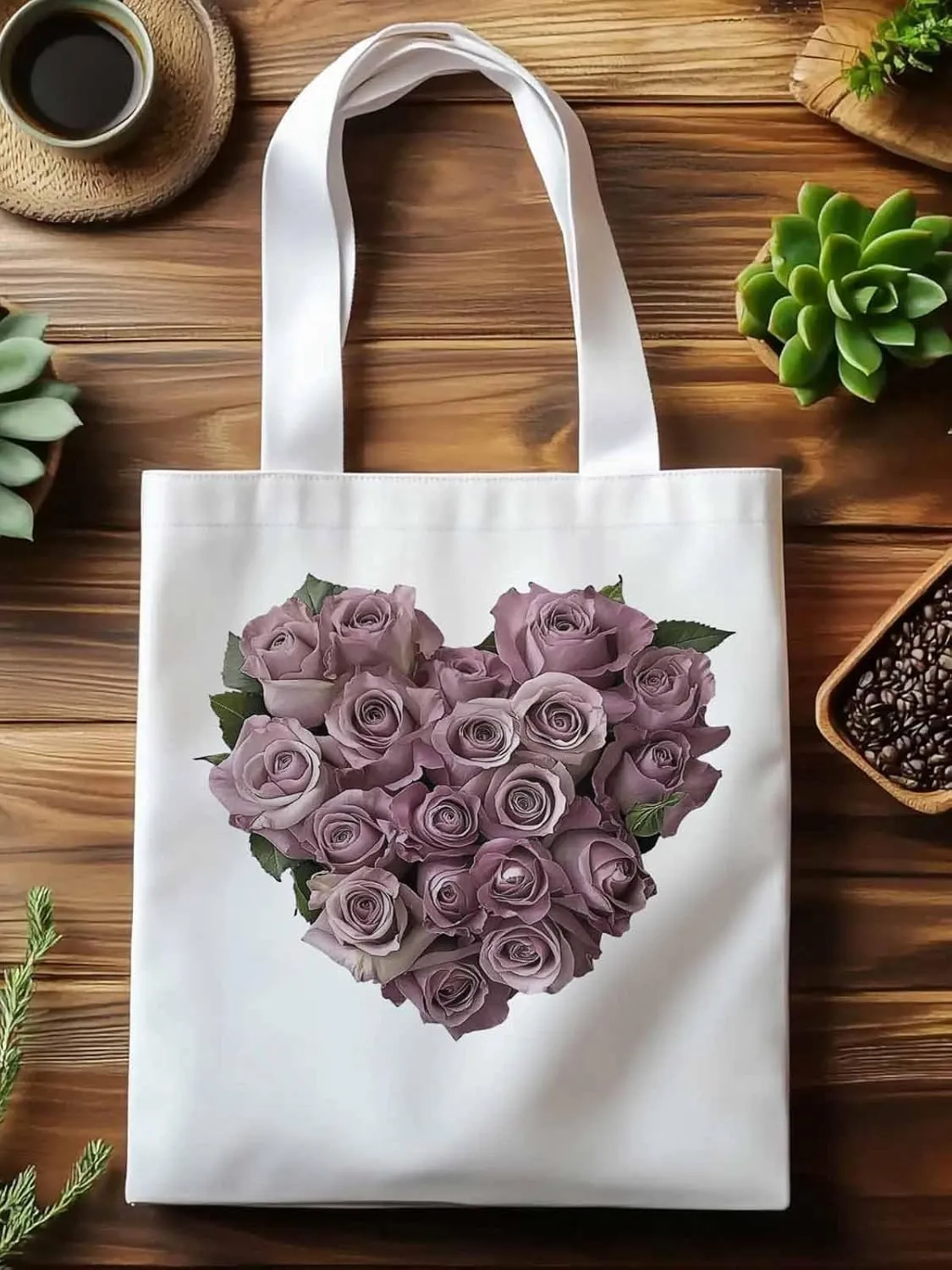 Canvas Tote Bag, Valentine's Day Roses Flowers Aesthetic Canvas Tote Handbags for Women Shoulder Bag