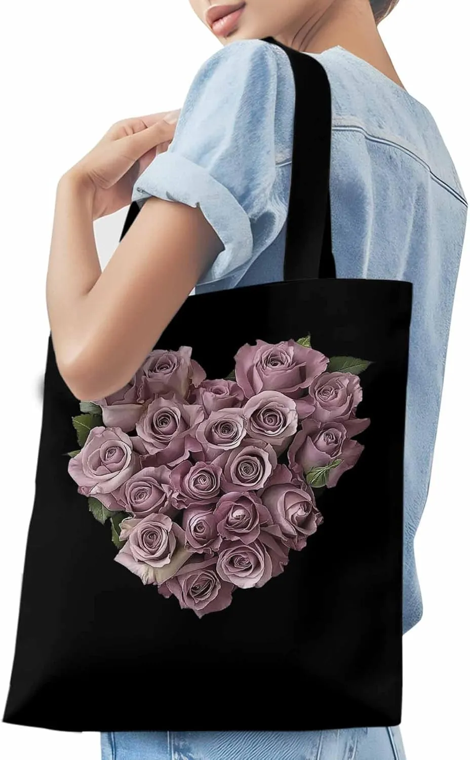 Canvas Tote Bag, Valentine's Day Roses Flowers Aesthetic Canvas Tote Handbags for Women Shoulder Bag