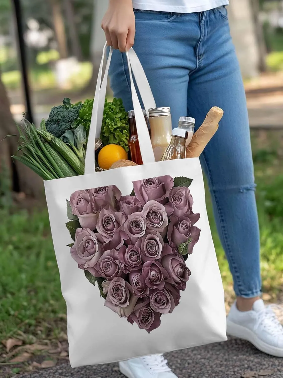 Canvas Tote Bag, Valentine's Day Roses Flowers Aesthetic Canvas Tote Handbags for Women Shoulder Bag
