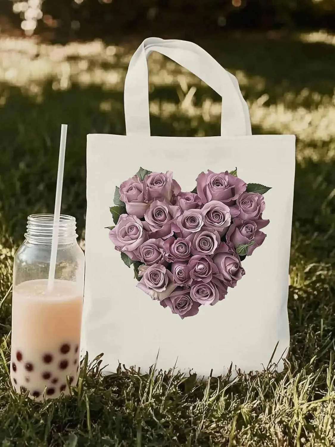 Canvas Tote Bag, Valentine's Day Roses Flowers Aesthetic Canvas Tote Handbags for Women Shoulder Bag