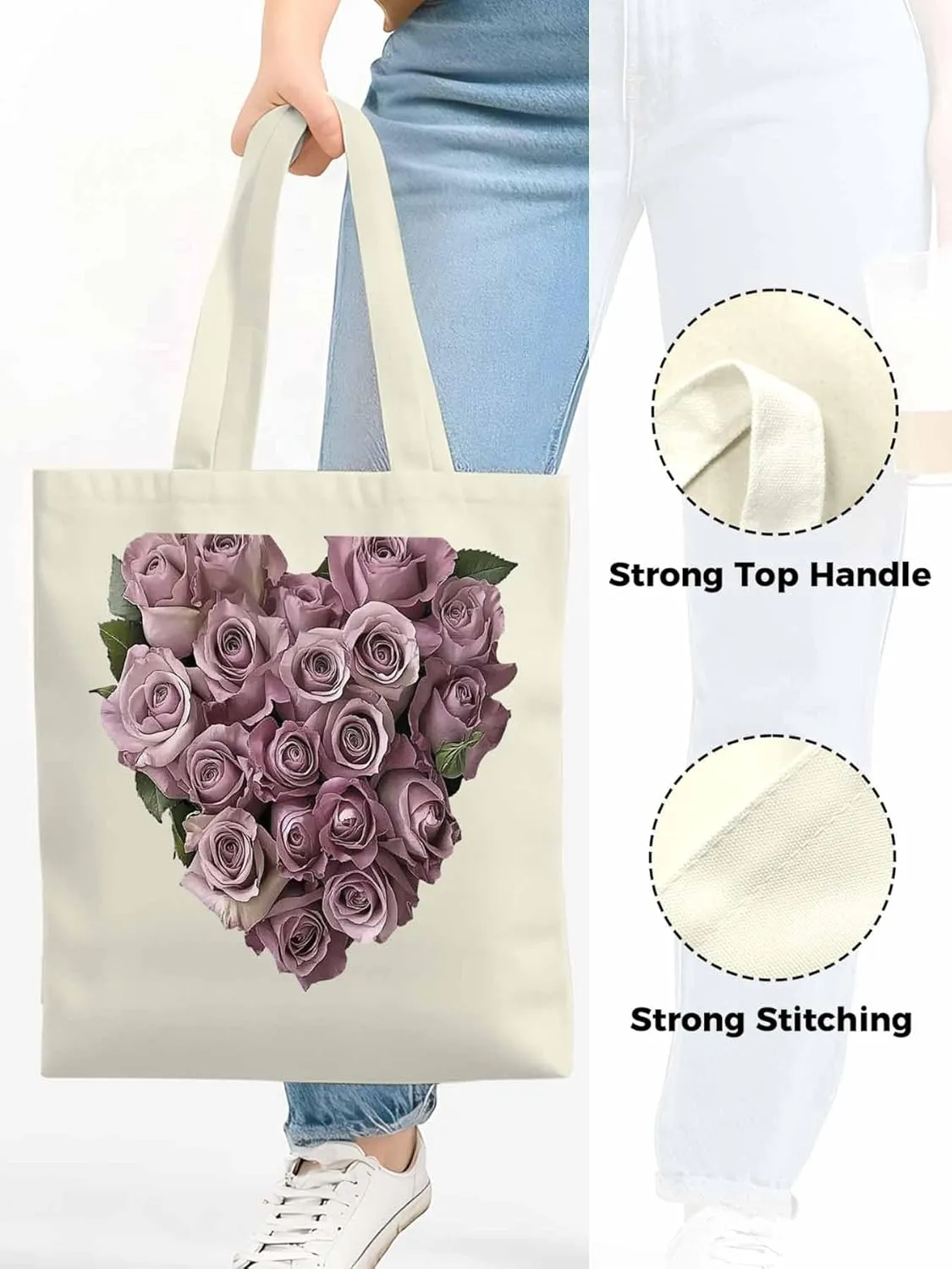 Canvas Tote Bag, Valentine's Day Roses Flowers Aesthetic Canvas Tote Handbags for Women Shoulder Bag