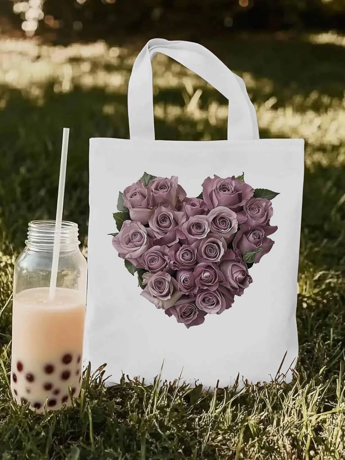 Canvas Tote Bag, Valentine's Day Roses Flowers Aesthetic Canvas Tote Handbags for Women Shoulder Bag