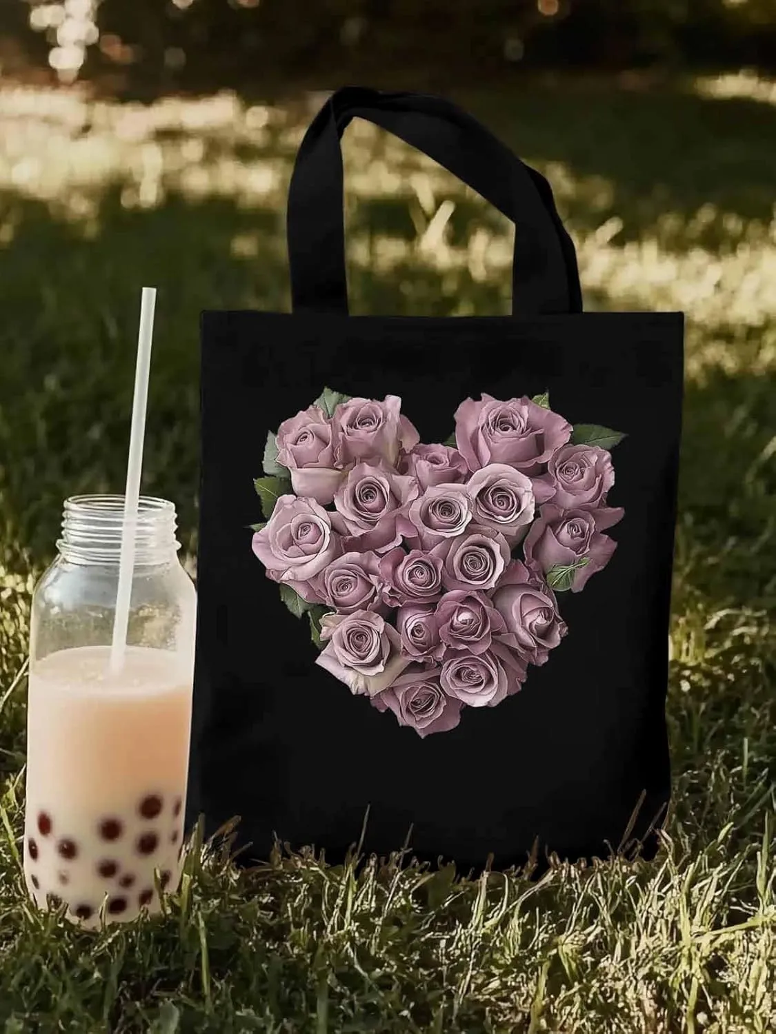 Canvas Tote Bag, Valentine's Day Roses Flowers Aesthetic Canvas Tote Handbags for Women Shoulder Bag