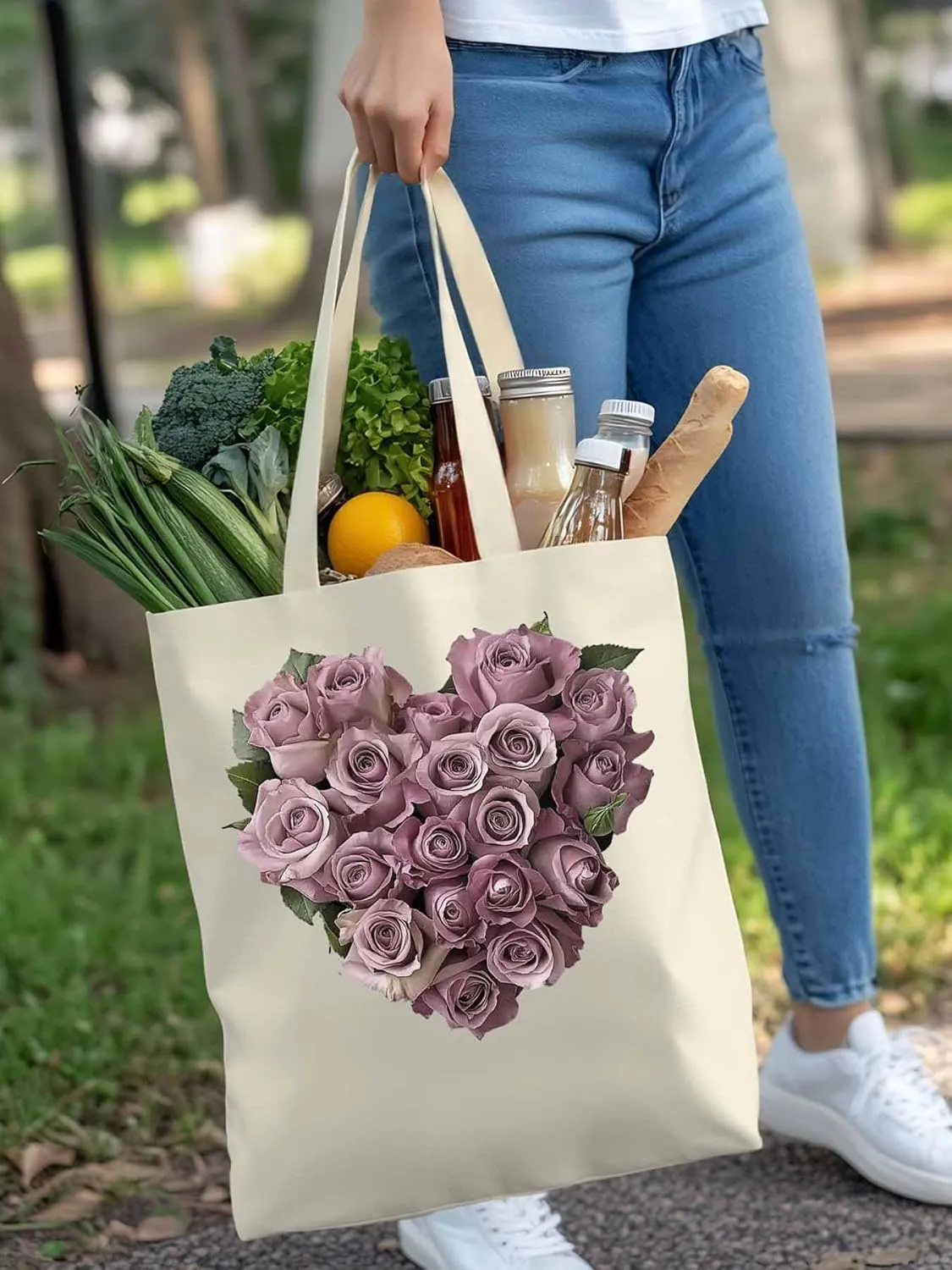 Canvas Tote Bag, Valentine's Day Roses Flowers Aesthetic Canvas Tote Handbags for Women Shoulder Bag