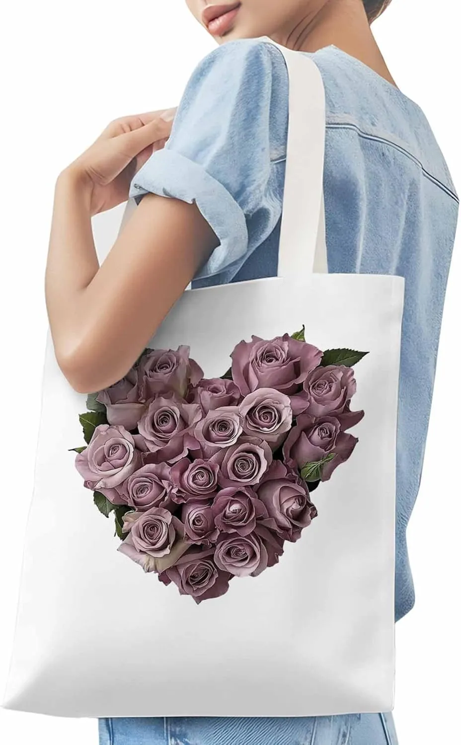 Canvas Tote Bag, Valentine's Day Roses Flowers Aesthetic Canvas Tote Handbags for Women Shoulder Bag
