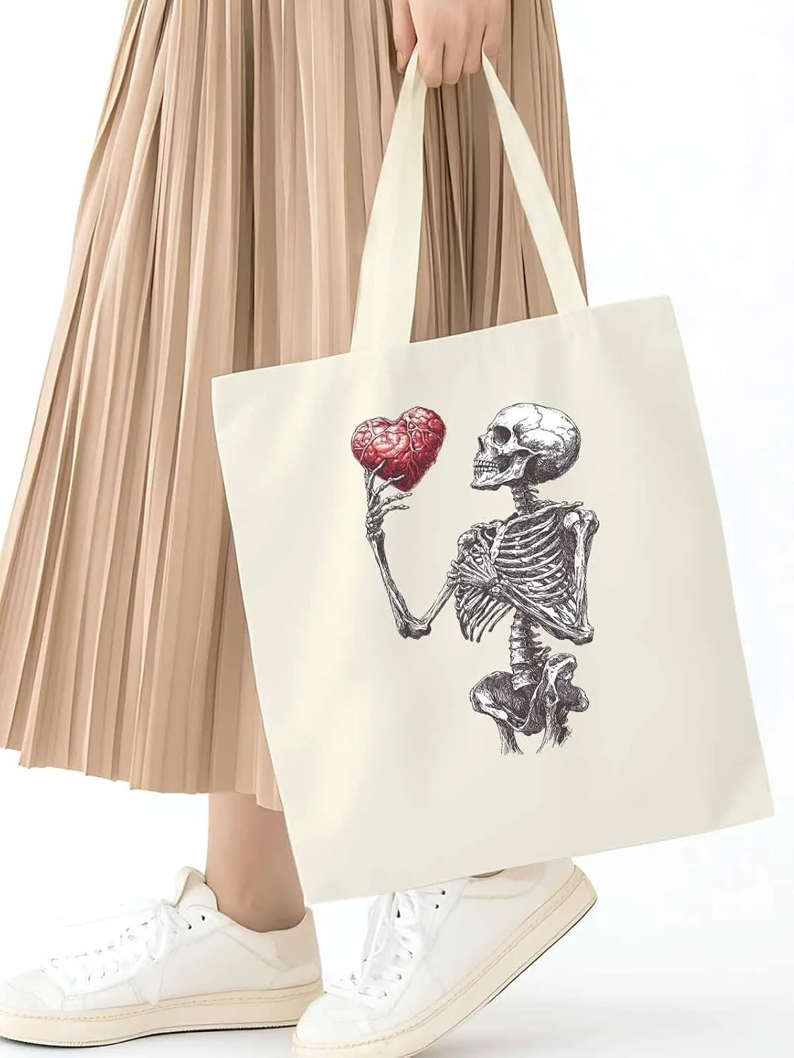 Canvas Tote Bag, Valentine's Day Skeleton Heart Red Love Aesthetic Canvas Tote Handbags for Women Shoulder Bag