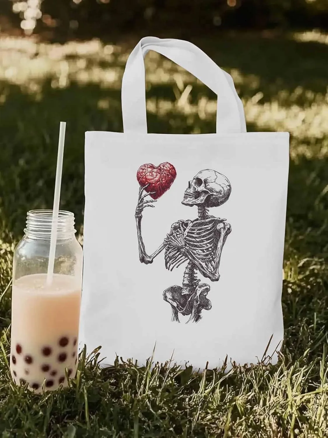 Canvas Tote Bag, Valentine's Day Skeleton Heart Red Love Aesthetic Canvas Tote Handbags for Women Shoulder Bag