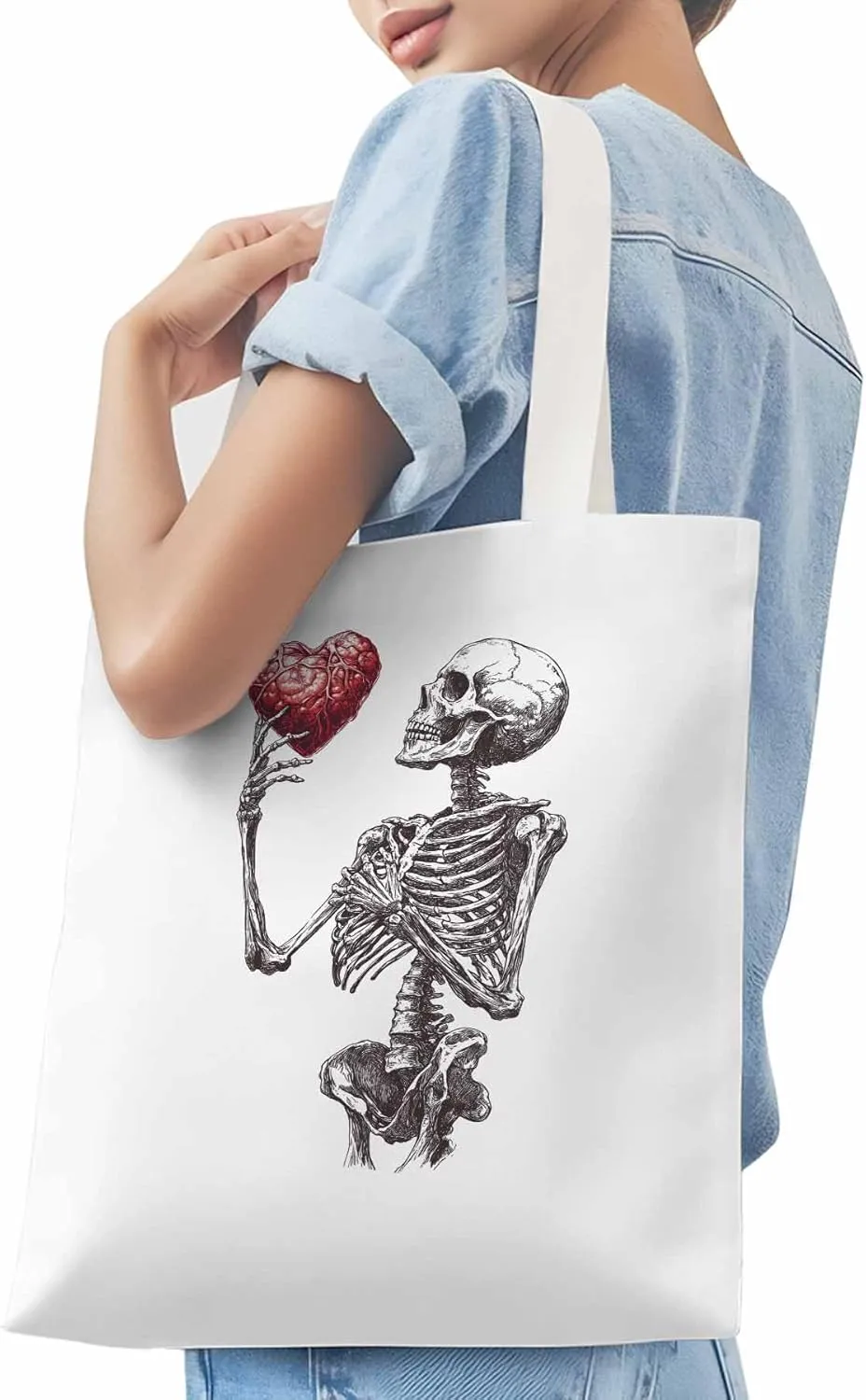 Canvas Tote Bag, Valentine's Day Skeleton Heart Red Love Aesthetic Canvas Tote Handbags for Women Shoulder Bag