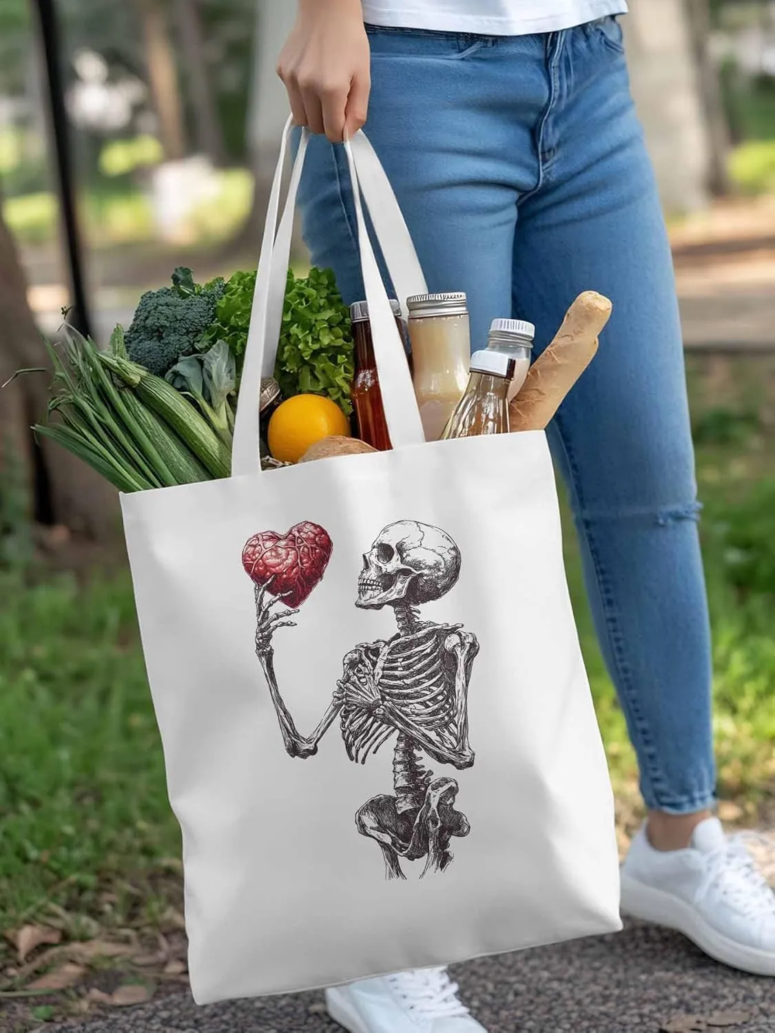 Canvas Tote Bag, Valentine's Day Skeleton Heart Red Love Aesthetic Canvas Tote Handbags for Women Shoulder Bag