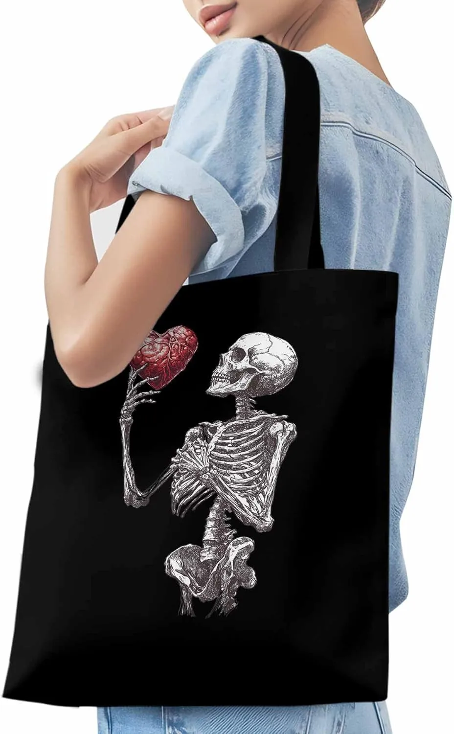 Canvas Tote Bag, Valentine's Day Skeleton Heart Red Love Aesthetic Canvas Tote Handbags for Women Shoulder Bag