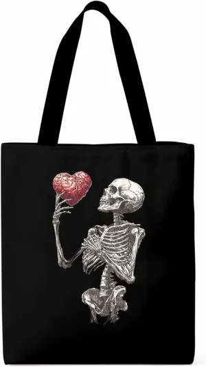 Canvas Tote Bag, Valentine's Day Skeleton Heart Red Love Aesthetic Canvas Tote Handbags for Women Shoulder Bag