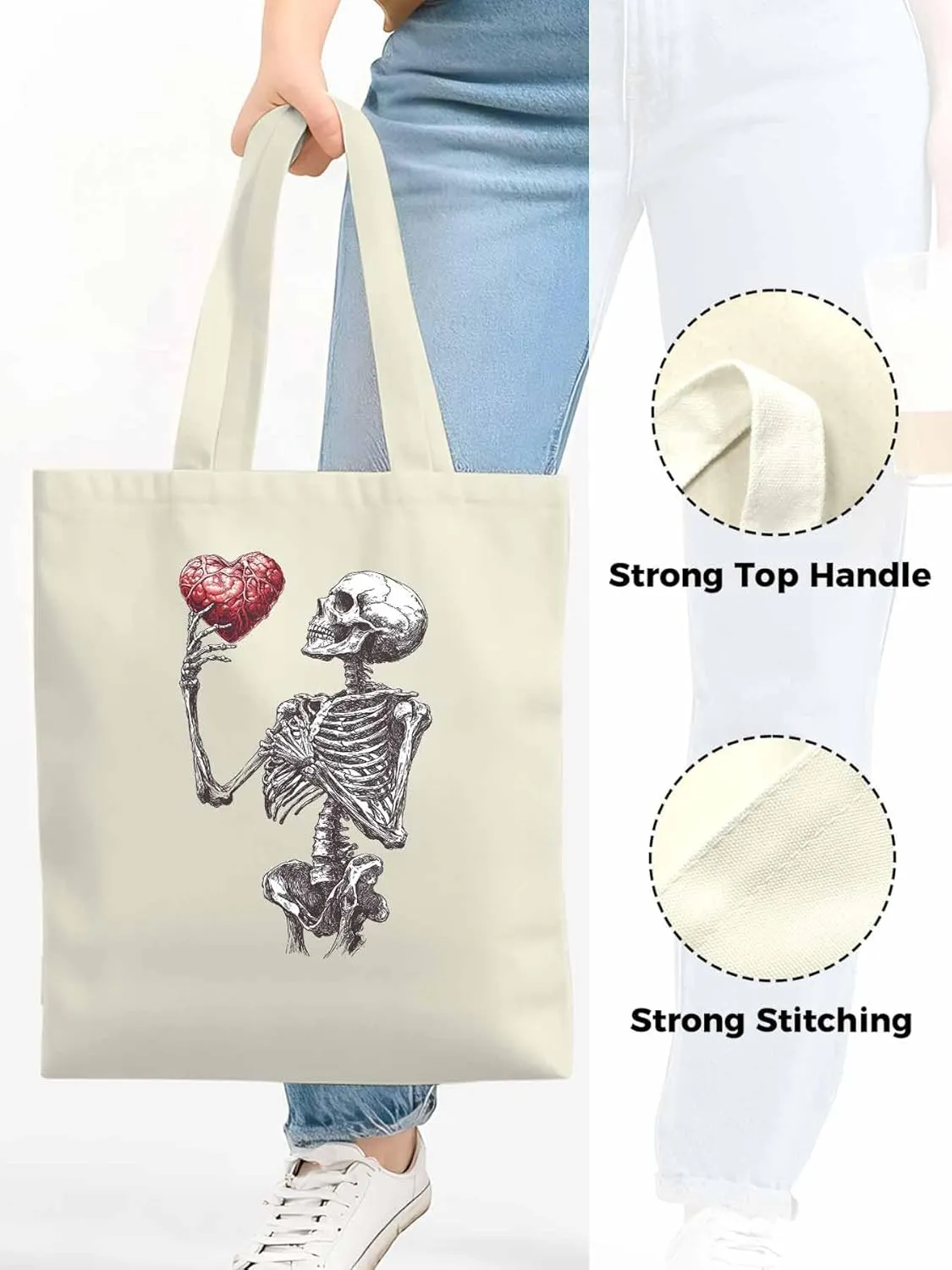 Canvas Tote Bag, Valentine's Day Skeleton Heart Red Love Aesthetic Canvas Tote Handbags for Women Shoulder Bag