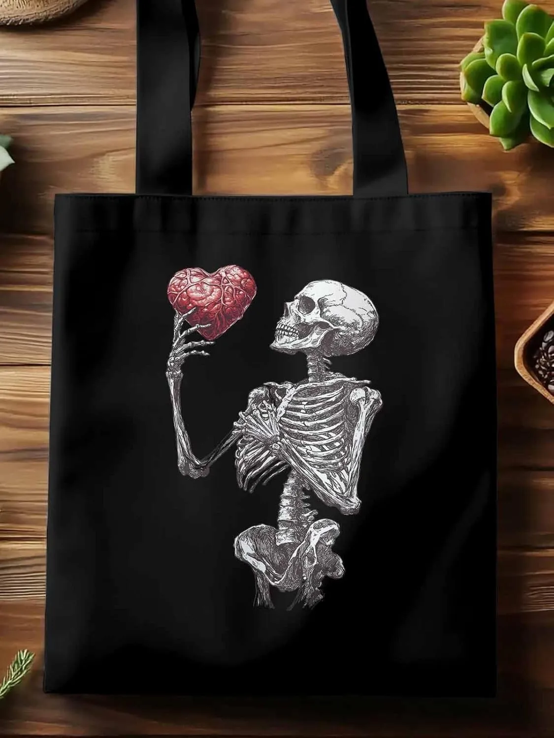 Canvas Tote Bag, Valentine's Day Skeleton Heart Red Love Aesthetic Canvas Tote Handbags for Women Shoulder Bag