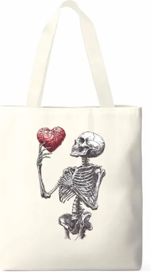 Canvas Tote Bag, Valentine's Day Skeleton Heart Red Love Aesthetic Canvas Tote Handbags for Women Shoulder Bag