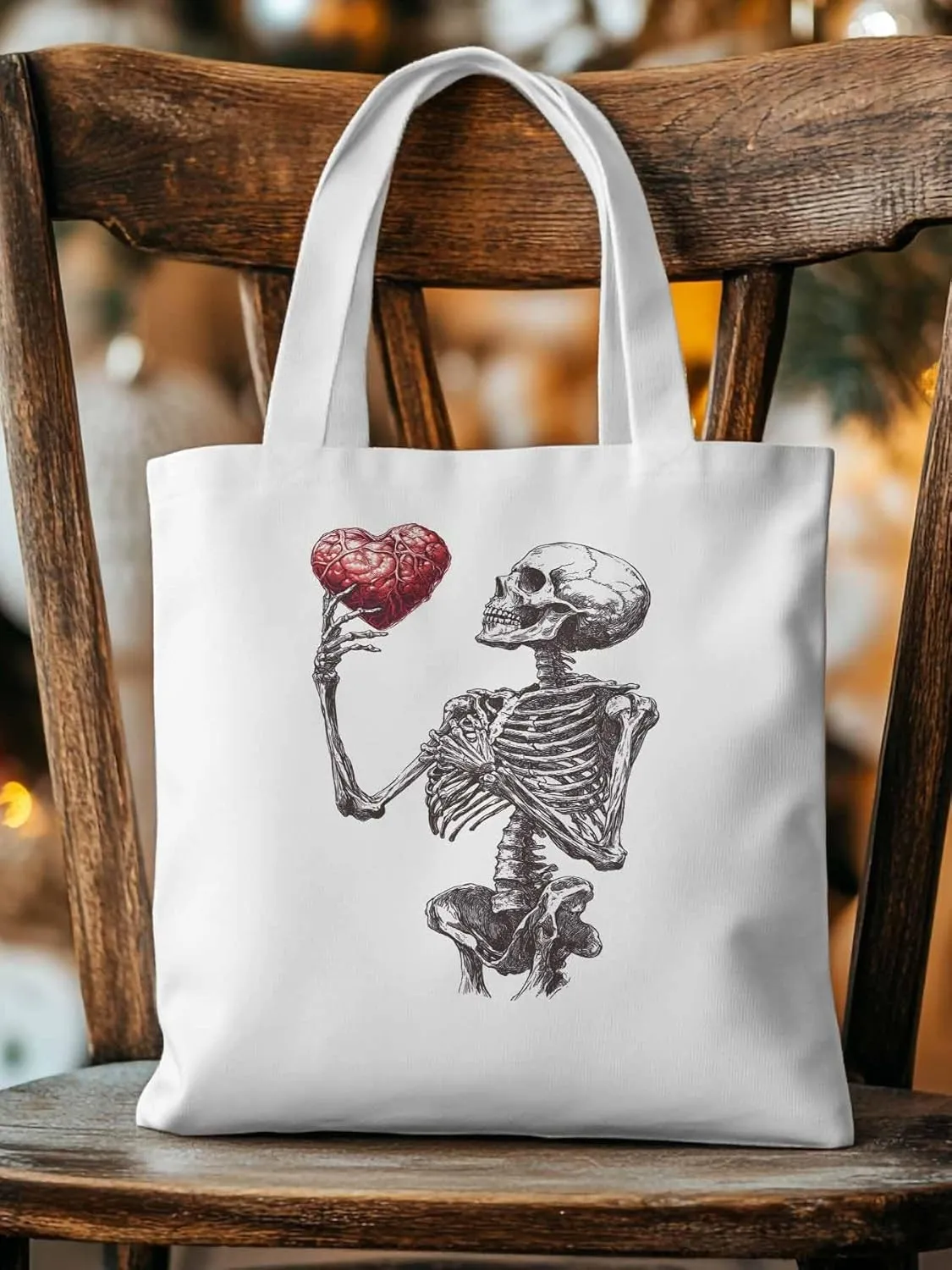 Canvas Tote Bag, Valentine's Day Skeleton Heart Red Love Aesthetic Canvas Tote Handbags for Women Shoulder Bag