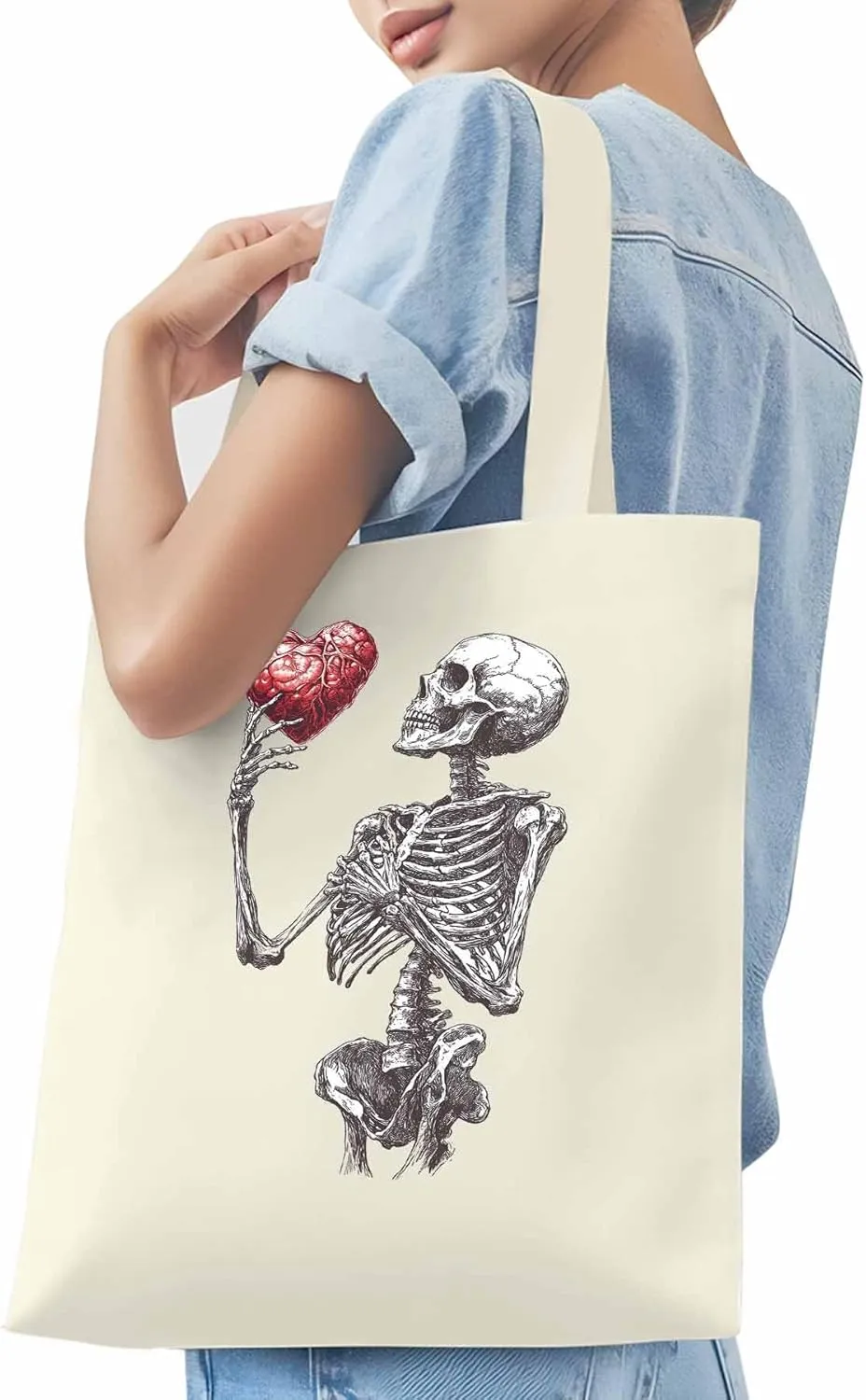 Canvas Tote Bag, Valentine's Day Skeleton Heart Red Love Aesthetic Canvas Tote Handbags for Women Shoulder Bag