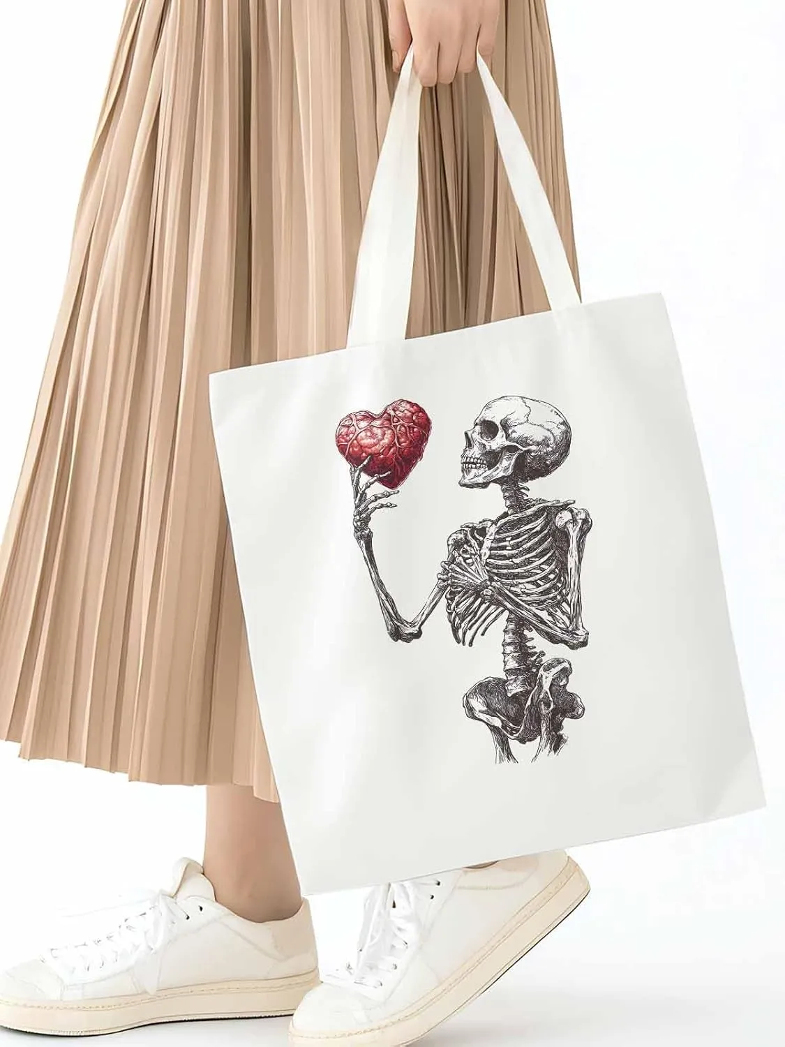Canvas Tote Bag, Valentine's Day Skeleton Heart Red Love Aesthetic Canvas Tote Handbags for Women Shoulder Bag