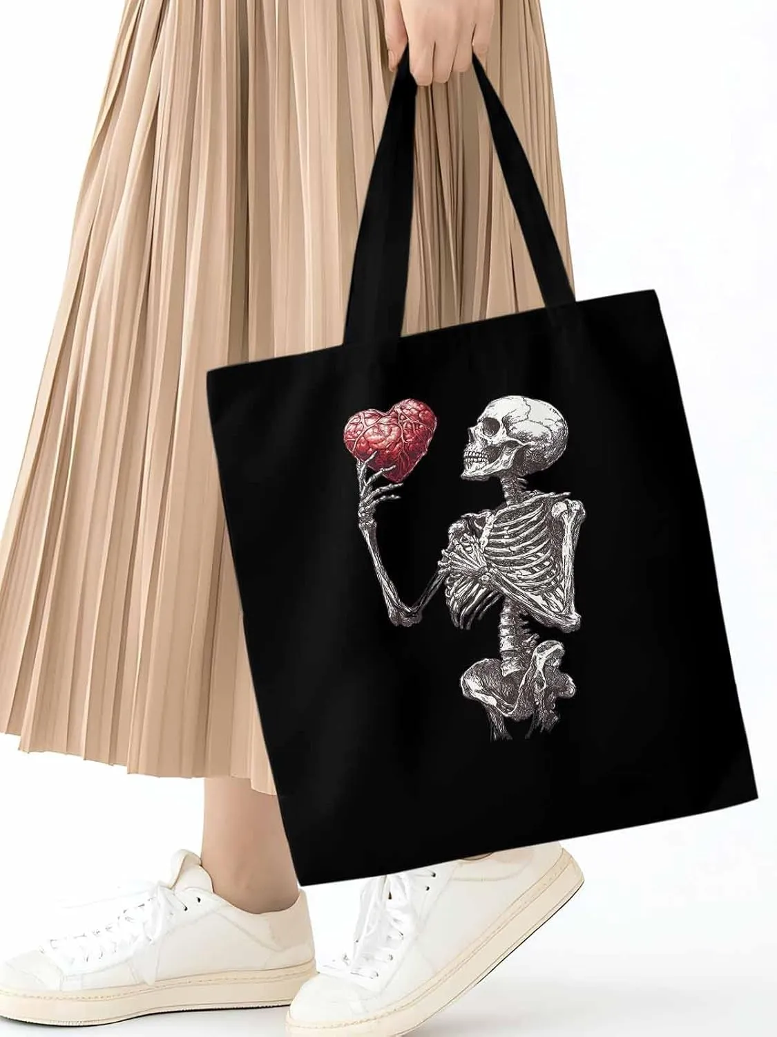 Canvas Tote Bag, Valentine's Day Skeleton Heart Red Love Aesthetic Canvas Tote Handbags for Women Shoulder Bag