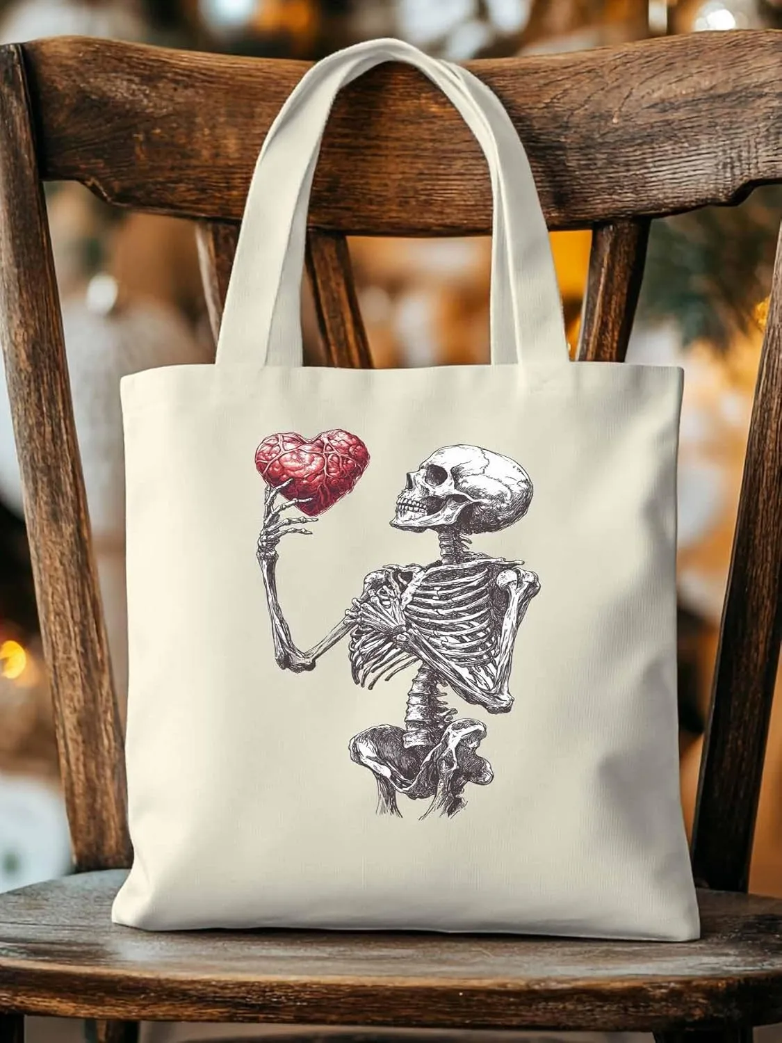 Canvas Tote Bag, Valentine's Day Skeleton Heart Red Love Aesthetic Canvas Tote Handbags for Women Shoulder Bag