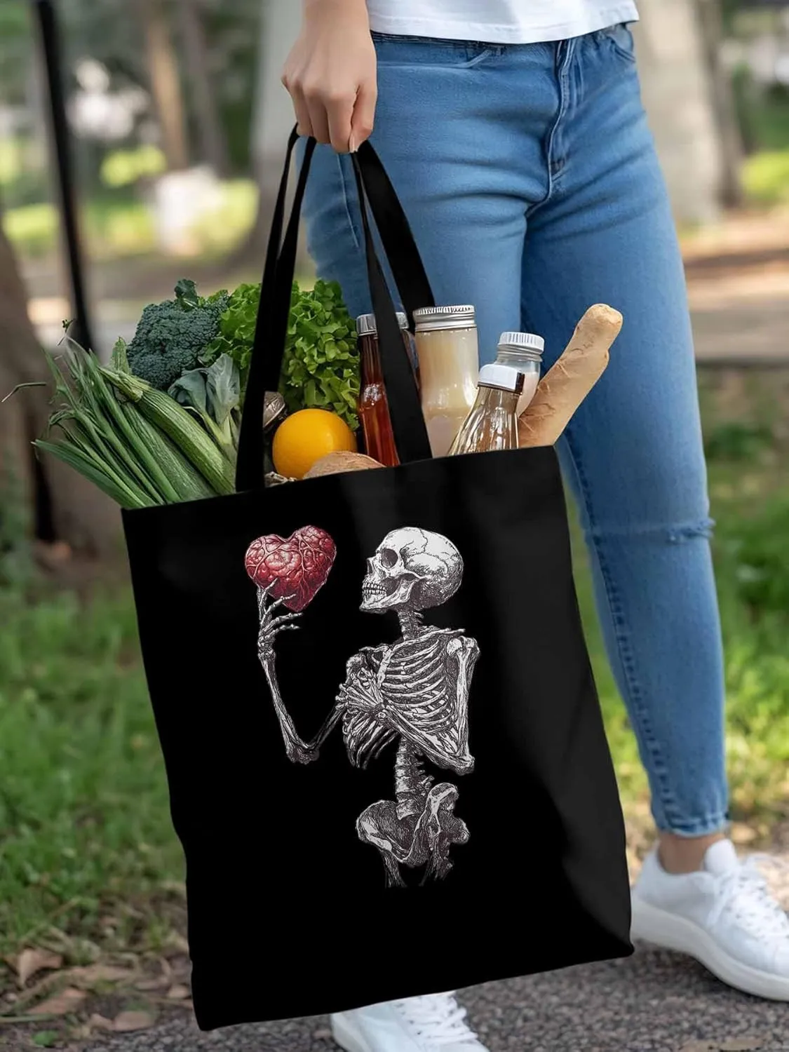 Canvas Tote Bag, Valentine's Day Skeleton Heart Red Love Aesthetic Canvas Tote Handbags for Women Shoulder Bag