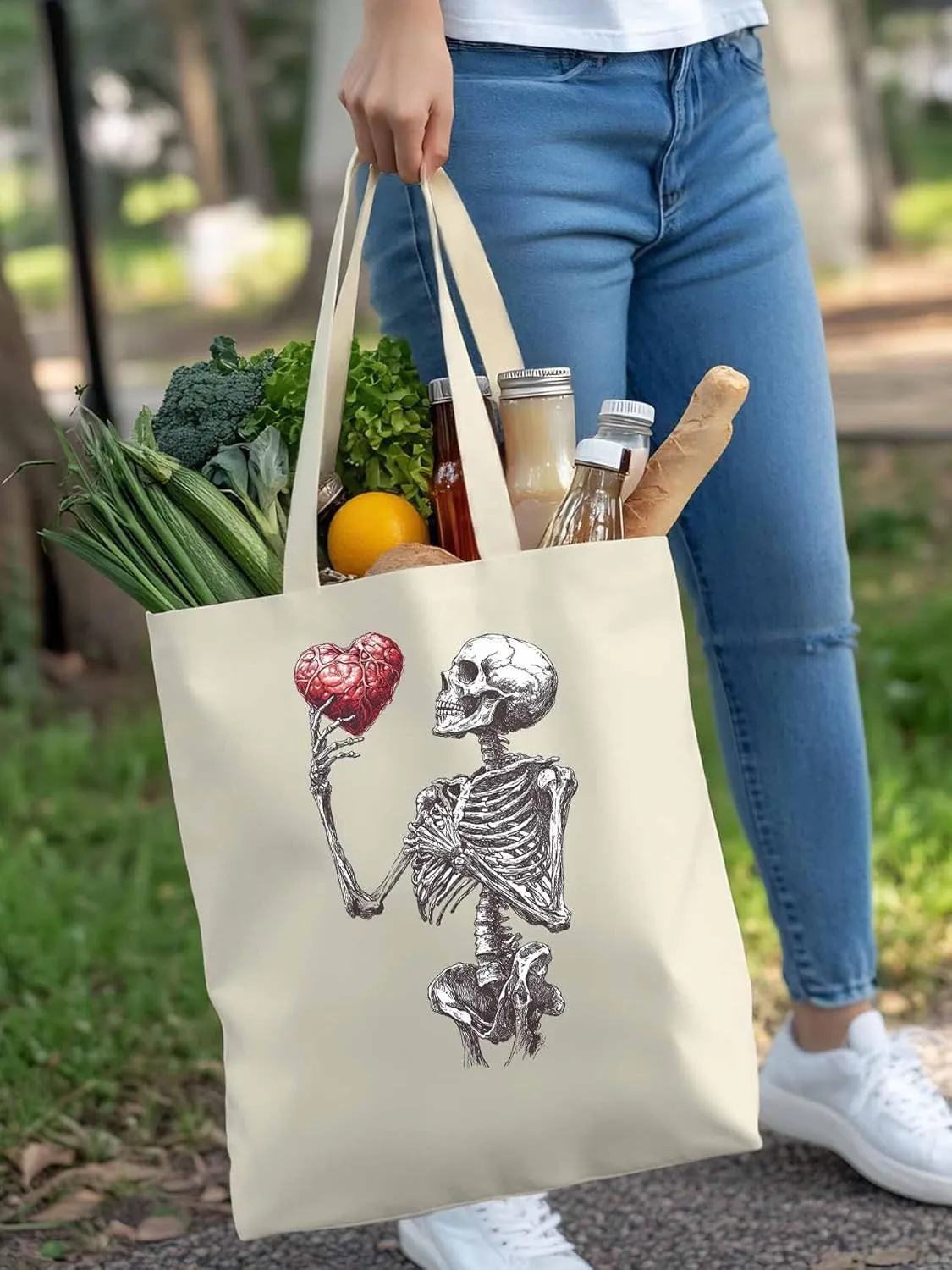 Canvas Tote Bag, Valentine's Day Skeleton Heart Red Love Aesthetic Canvas Tote Handbags for Women Shoulder Bag