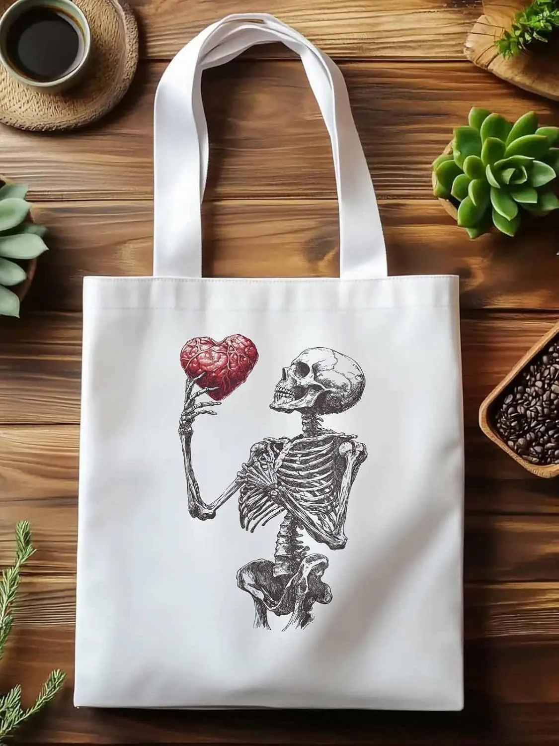 Canvas Tote Bag, Valentine's Day Skeleton Heart Red Love Aesthetic Canvas Tote Handbags for Women Shoulder Bag