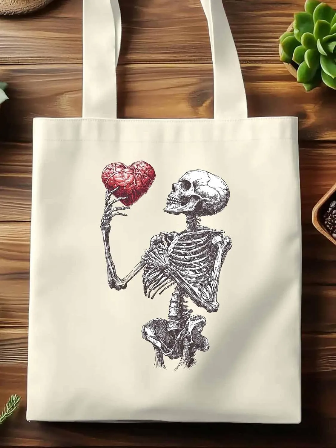 Canvas Tote Bag, Valentine's Day Skeleton Heart Red Love Aesthetic Canvas Tote Handbags for Women Shoulder Bag