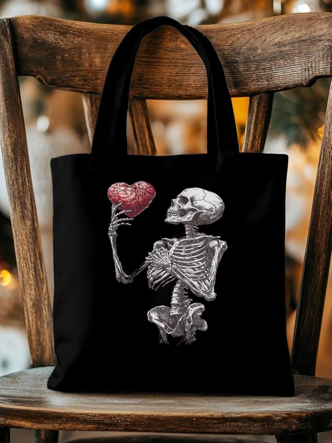 Canvas Tote Bag, Valentine's Day Skeleton Heart Red Love Aesthetic Canvas Tote Handbags for Women Shoulder Bag