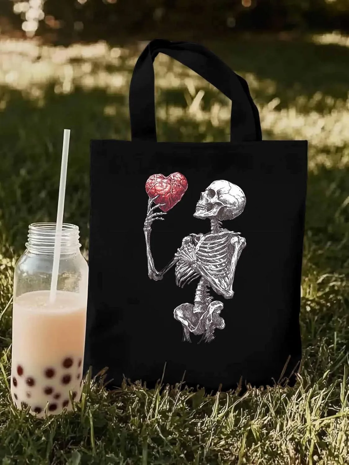 Canvas Tote Bag, Valentine's Day Skeleton Heart Red Love Aesthetic Canvas Tote Handbags for Women Shoulder Bag