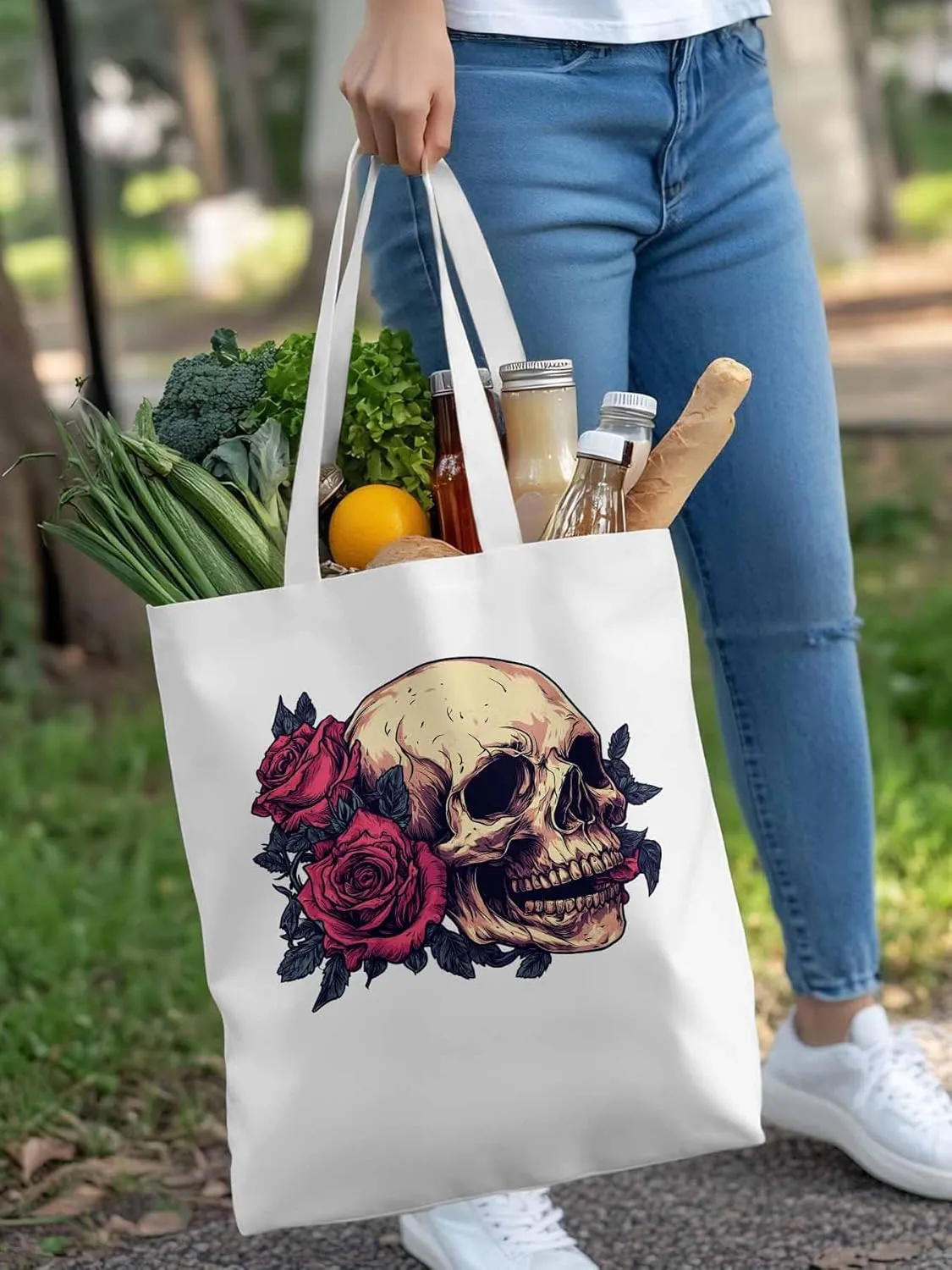 Canvas Tote Bag, Valentine's Love Skeleton Rose Flower Aesthetic Canvas Tote Handbags for Women Shoulder Bag
