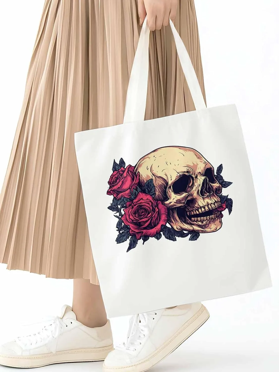 Canvas Tote Bag, Valentine's Love Skeleton Rose Flower Aesthetic Canvas Tote Handbags for Women Shoulder Bag