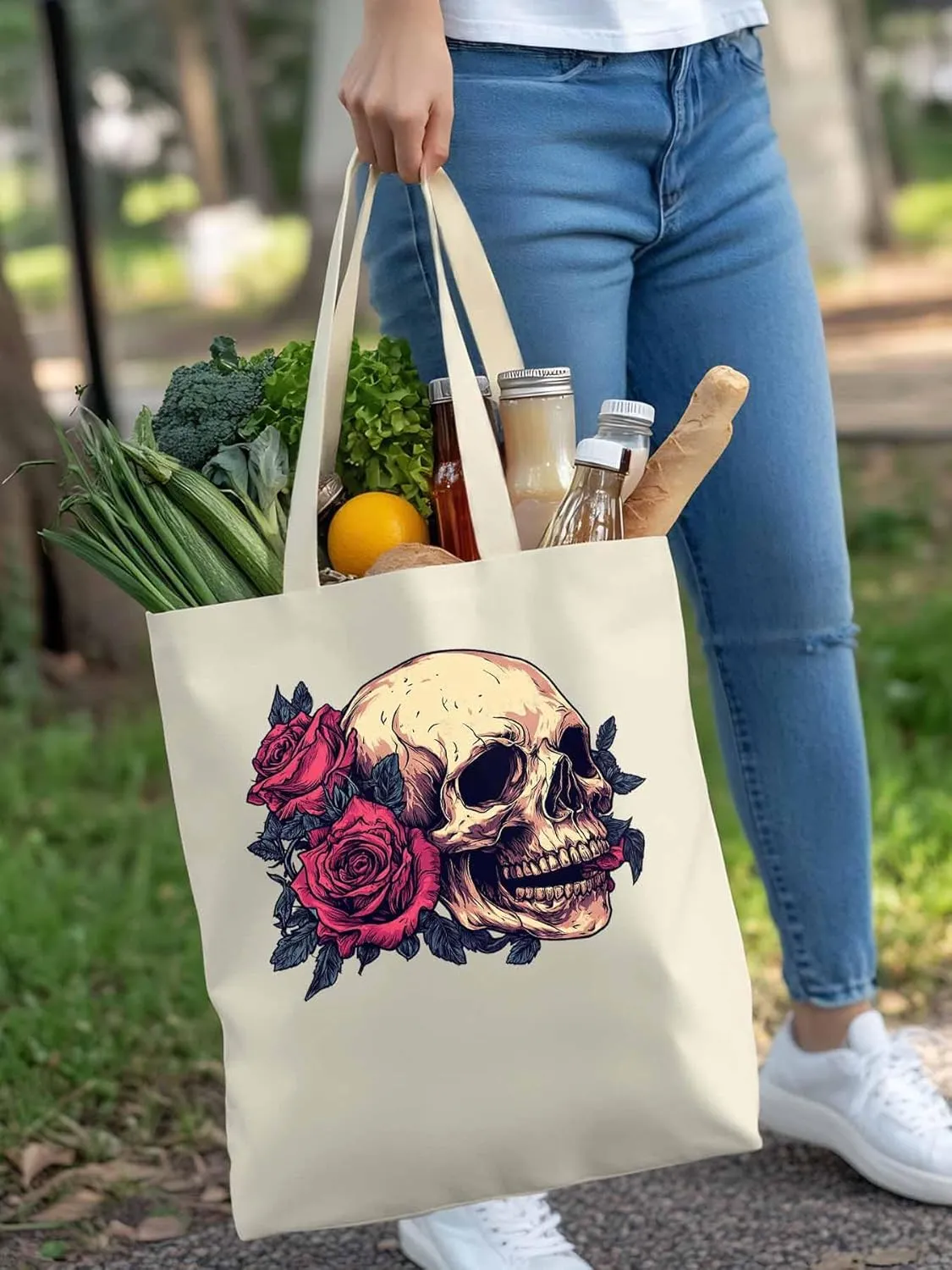 Canvas Tote Bag, Valentine's Love Skeleton Rose Flower Aesthetic Canvas Tote Handbags for Women Shoulder Bag