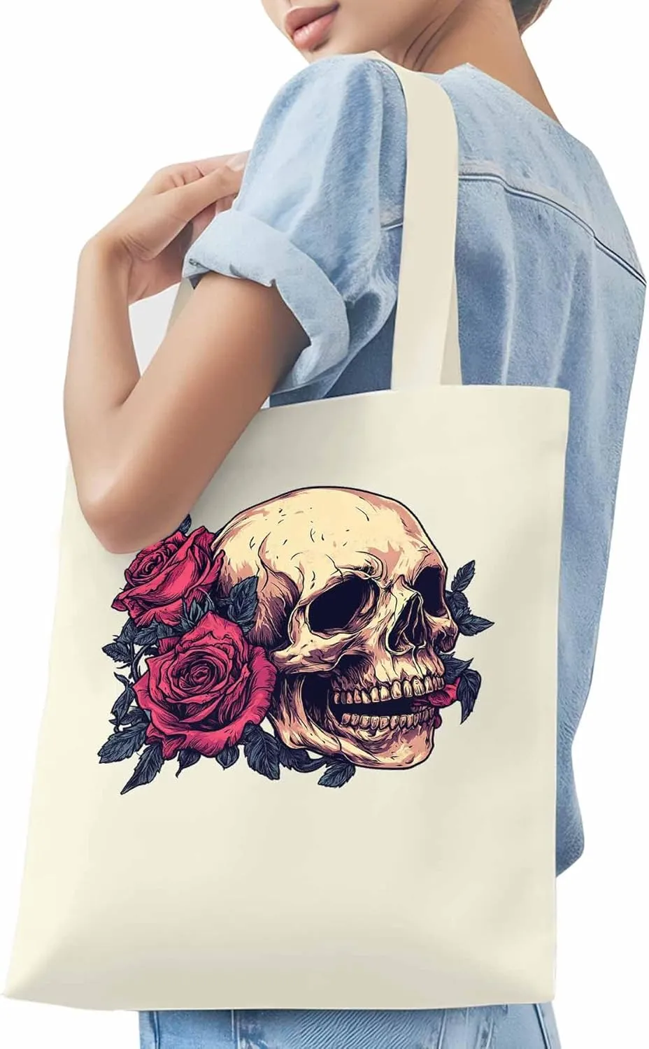 Canvas Tote Bag, Valentine's Love Skeleton Rose Flower Aesthetic Canvas Tote Handbags for Women Shoulder Bag