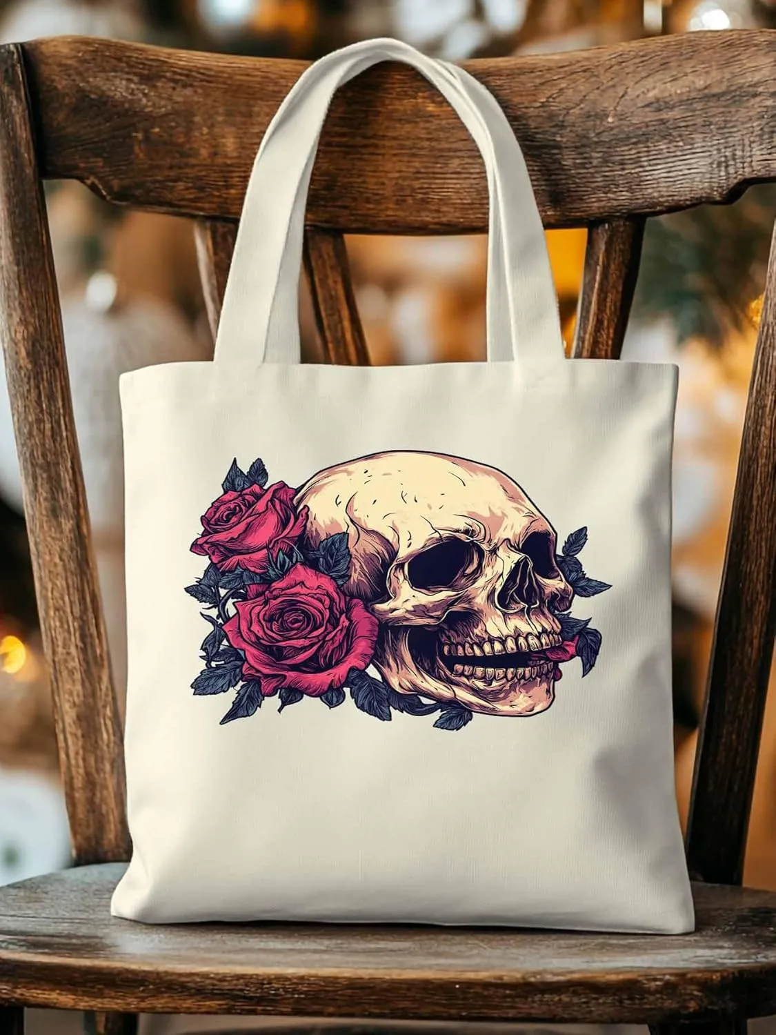 Canvas Tote Bag, Valentine's Love Skeleton Rose Flower Aesthetic Canvas Tote Handbags for Women Shoulder Bag