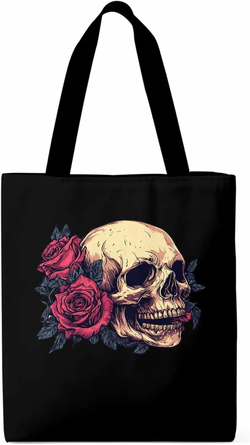 Canvas Tote Bag, Valentine's Love Skeleton Rose Flower Aesthetic Canvas Tote Handbags for Women Shoulder Bag