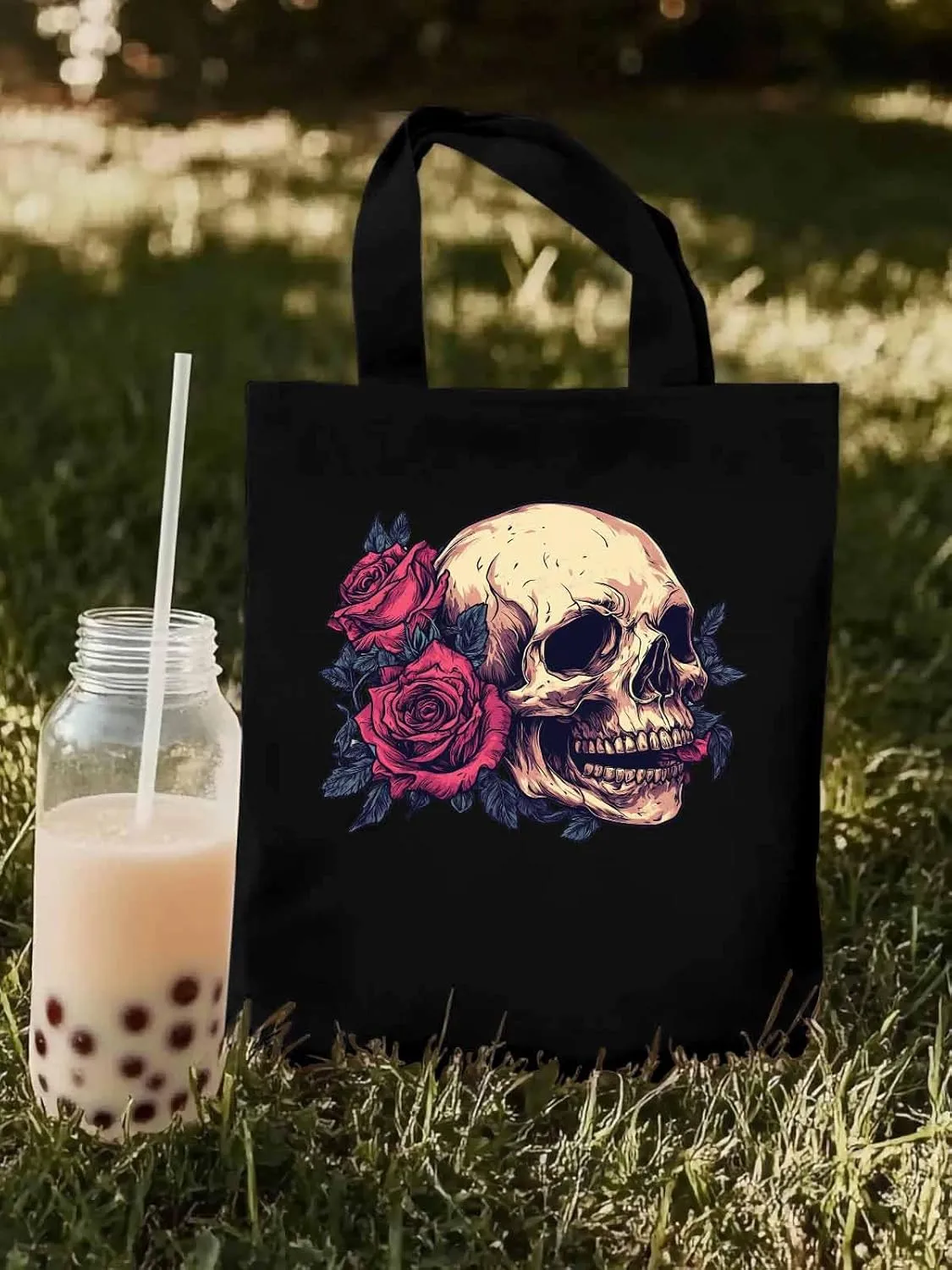 Canvas Tote Bag, Valentine's Love Skeleton Rose Flower Aesthetic Canvas Tote Handbags for Women Shoulder Bag