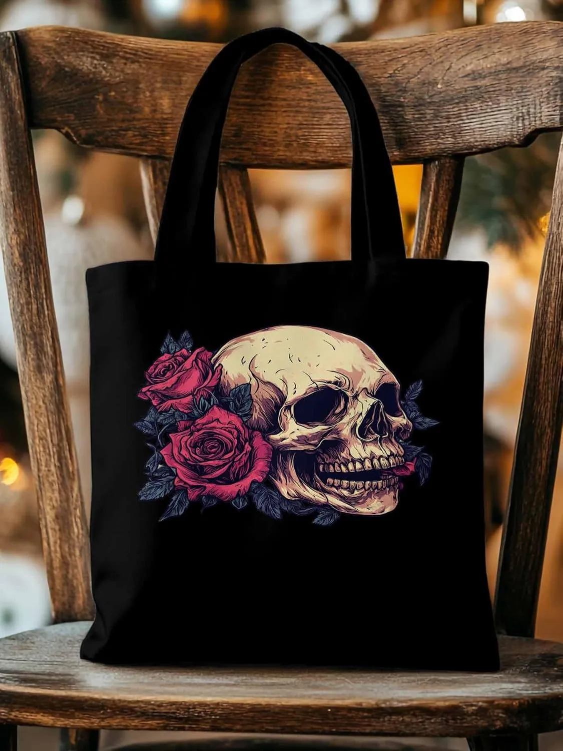 Canvas Tote Bag, Valentine's Love Skeleton Rose Flower Aesthetic Canvas Tote Handbags for Women Shoulder Bag