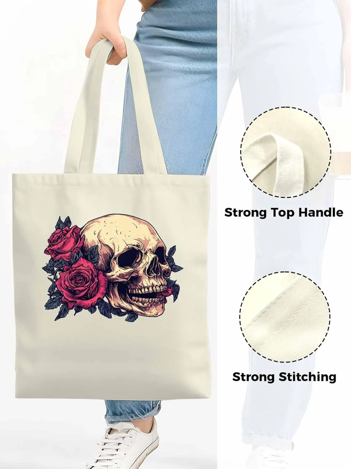 Canvas Tote Bag, Valentine's Love Skeleton Rose Flower Aesthetic Canvas Tote Handbags for Women Shoulder Bag