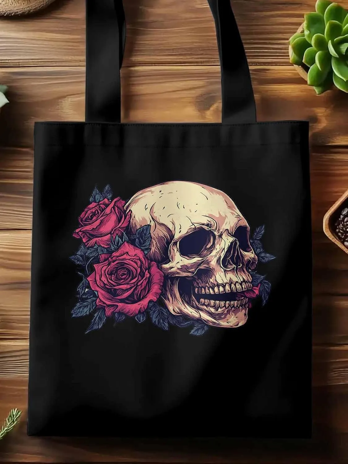 Canvas Tote Bag, Valentine's Love Skeleton Rose Flower Aesthetic Canvas Tote Handbags for Women Shoulder Bag