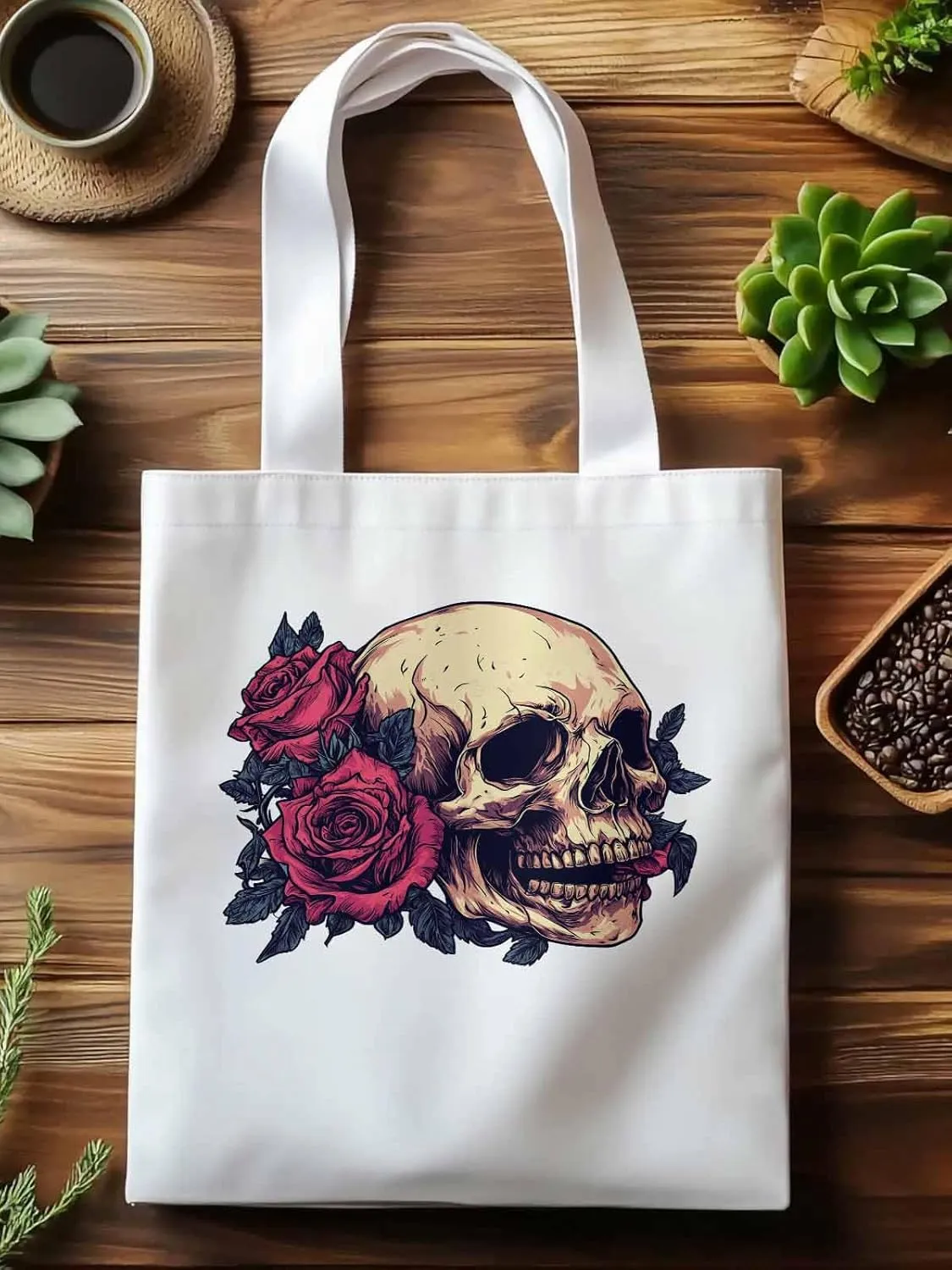 Canvas Tote Bag, Valentine's Love Skeleton Rose Flower Aesthetic Canvas Tote Handbags for Women Shoulder Bag