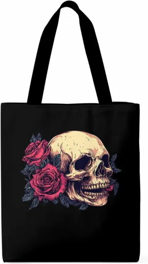 Canvas Tote Bag, Valentine's Love Skeleton Rose Flower Aesthetic Canvas Tote Handbags for Women Shoulder Bag