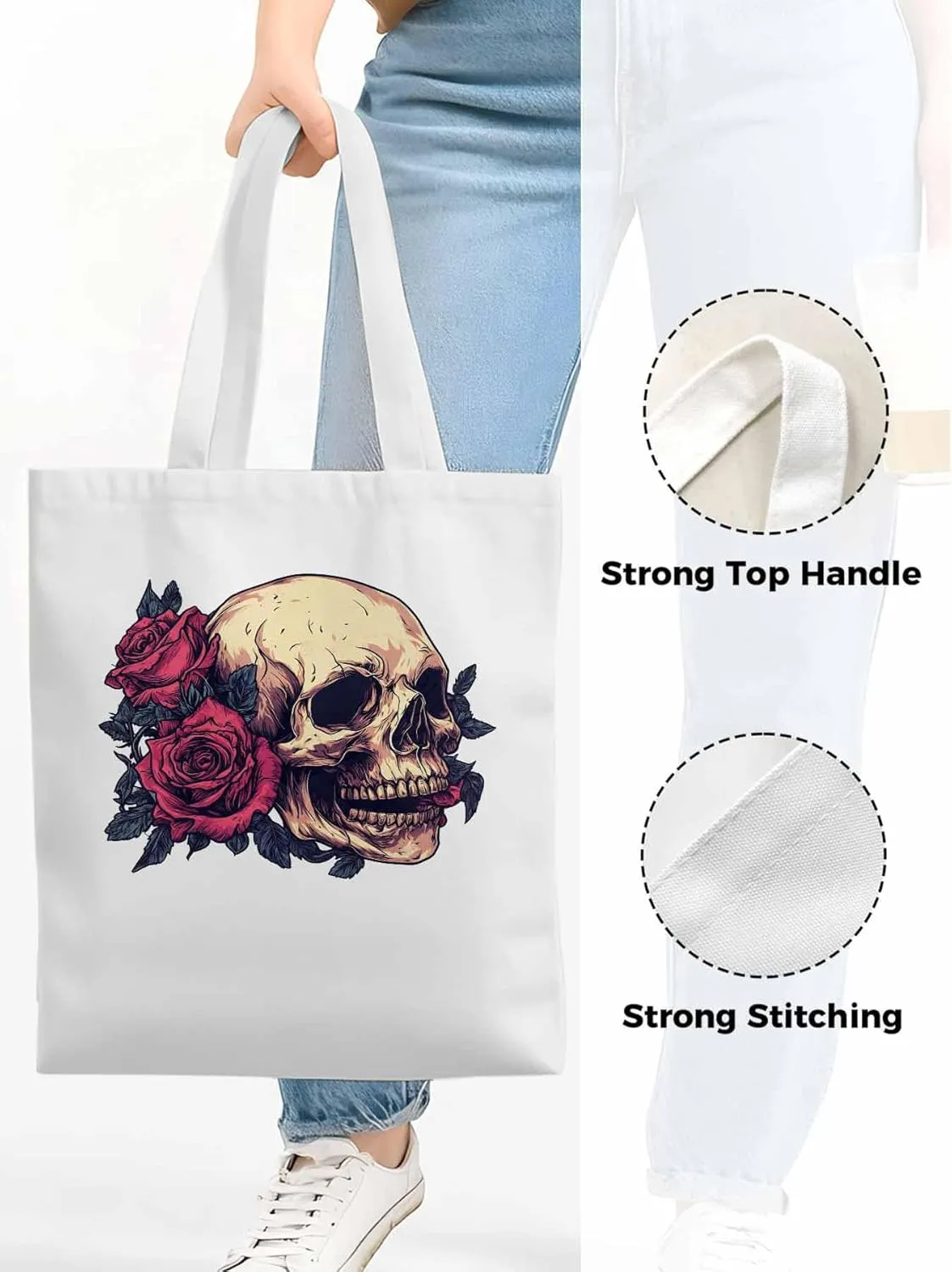 Canvas Tote Bag, Valentine's Love Skeleton Rose Flower Aesthetic Canvas Tote Handbags for Women Shoulder Bag