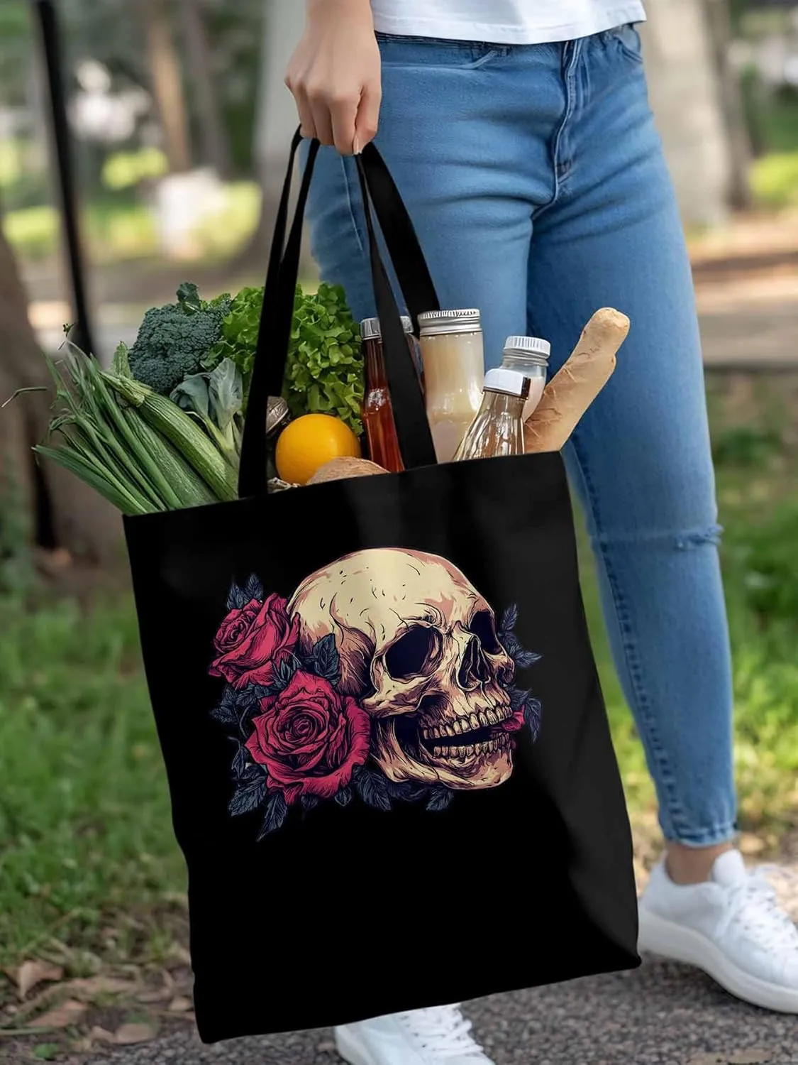 Canvas Tote Bag, Valentine's Love Skeleton Rose Flower Aesthetic Canvas Tote Handbags for Women Shoulder Bag