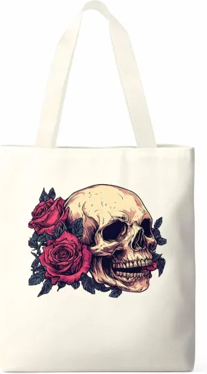 Canvas Tote Bag, Valentine's Love Skeleton Rose Flower Aesthetic Canvas Tote Handbags for Women Shoulder Bag