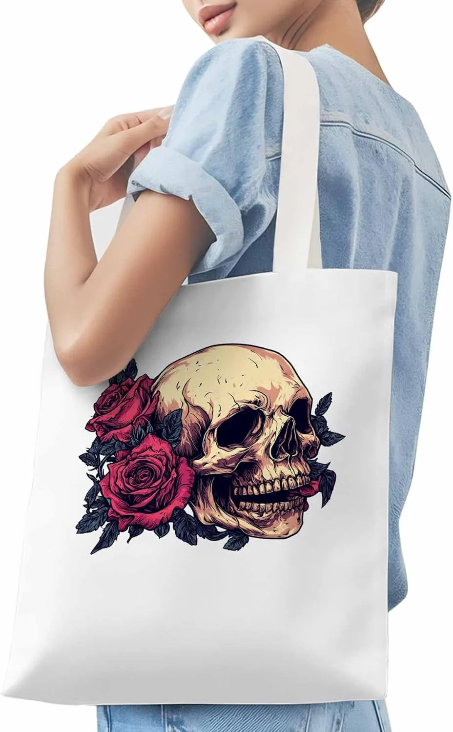 Canvas Tote Bag, Valentine's Love Skeleton Rose Flower Aesthetic Canvas Tote Handbags for Women Shoulder Bag